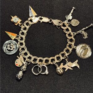 VTG Charm Bracelet Sterling 925 With 14 Charms 38.3 G Silver Animals Travel